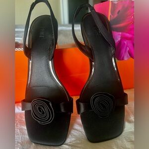 PAIGE Black Heeled Sandals with Floral Accent